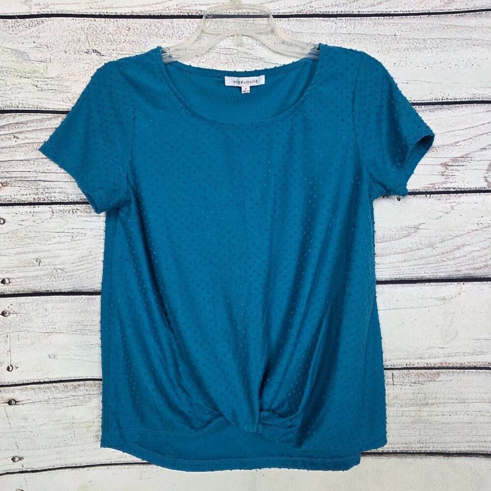 Rose + Olive S Teal Swiss Dot Twist Front Top